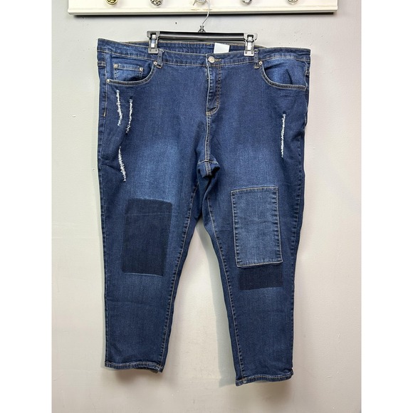 JMS Jeans Womens 24W Blue Dark Denim Patchwork Distressed Straight Leg Plus Size - Picture 1 of 8